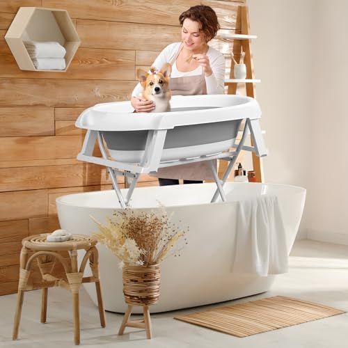 2-in-1 Foldable Dog Bathtub with Stand & Storage Rack, 34" Elevated Pet Washing Station for Small Medium Dogs Cats, Collapsible Portable Shower Tub for Indoor Outdoor Bathing and Grooming (Grey)
