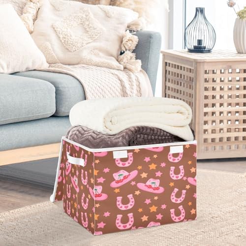 Pink Cowboy Hats Horseshoes Storage Bins with Lids Foldable Storage Basket with Handles Collapsible Large Fabric Organizer Containers for Clothes Shelves Closet Office Home