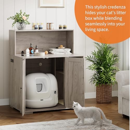 Garvee Dog-Proof Large Cat Litter Box Enclosure with Scratch Pad, Large Automatic Litter Box Furniture for Placing Self-Cleaning Litter Box,Litter Cabinet with Outlet,Space for Cat Stuffs