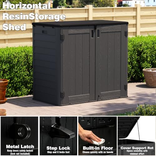 Horizontal Resin Storage Cabinet for Garage, 31 Cuft Waterproof Thickened Outdoor Resin Storage Shed with Floor & Lockable Double Doors for Patio, Garden and Trash Can, Black