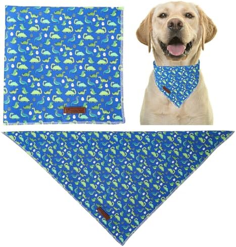 Summer Dog Bandana, UP URARA PUP Dinosaur Triangle Bid Scarf for Medium Large Dogs, Cotton Kerchief for Girl Boy Puppies, Cute Summer BlueBandana,S