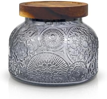 Decorative Grey Embossed Glass Jar with Airtight Wooden Lid, 25.4 fl. oz | Wide mouth vintage storage canister, kitchen pantry bathroom organization, coffee sugar tea cookie candy candle vase gift