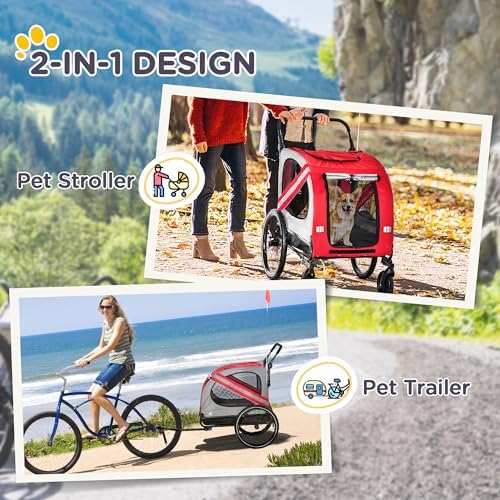 2-in-1 Pet Bike Trailer for Small Dogs, Road-Visibility Bicycle Stroller, Weather-Strong Bike Wagon Trailer Sidecar Attachment, Red