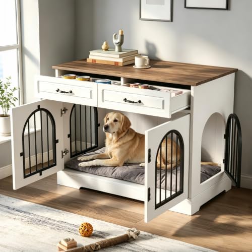 43.3" Dog Crate Furniture with 2 Storage Drawers & Side Access | Heavy Duty Wooden Dog Kennel, Chew-Resistant Wooden Pet House Cage for Medium Large Dogs