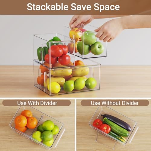 Clear Plastic Storage Bins with Dividers for Fridge Pantry Organizers and Storage Containers, 3 Pack Large Acrylic Stackable Sturdy Storage Boxes for Home Edit and Cabinet Organizers C6-2