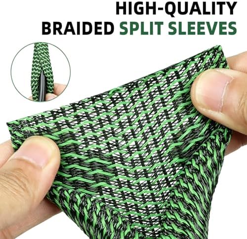 Split Wire Loom Tubing, Cable Protector Sleeve, Braided Cable Management for TV/Computer/Home Theater/Engine Bay, Cord Protectors from Pets No Chew (Green Black, 3/4"-10ft)