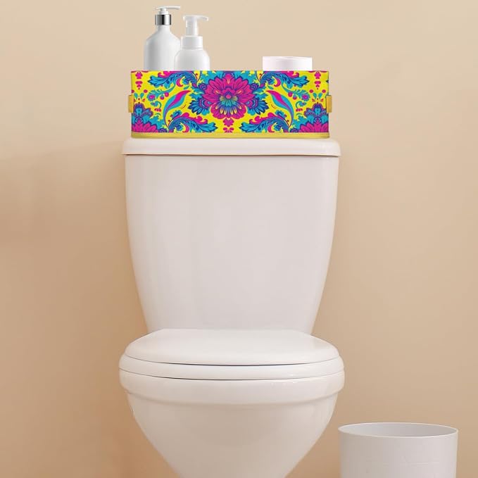 Bright Floral Ethnic Style Bathroom Storage Basket, Foldable with Handle Open Countertop Paper Towel Decorative Box, Toilet Tank Top Shelf Baskets for Home Closet Bedroom Living Room Office