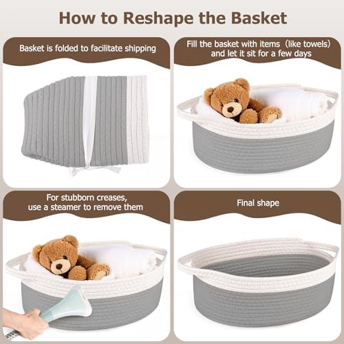 Small Woven Basket, 12" x 8" x 5" Gift Basket Empty with Ribbon and Gift Bag, Rope Basket for Baby Shower, Holiday Presents,Storage Basket with Handle for Nursery,Pet Toy Basket (White-Grey)