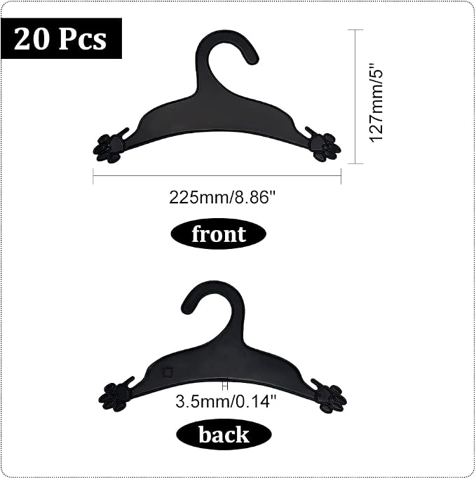 AHANDMAKER 20 Packs Pet Apparel Hangers, Black Pet Clothes Hangers Lovely Plastic Flexible Strong Paw Print for Dog Cat Pet Small Coat Hanger, 5x8.86inch