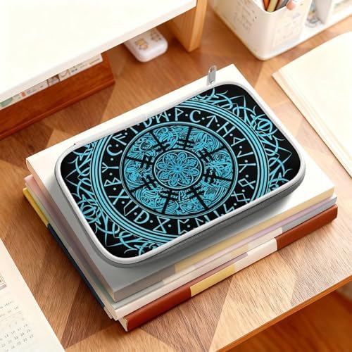 Cute Large Pencil Bag With Zipper Fashion Design Organizer For All Pens Bue Circle Viking Vegvisir Runic Compass