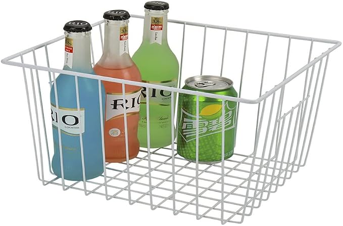 Freezer Organizer Bin, Kitchen Metal Wire Storage Basket, Pantry Cupboard Household Container Divider with Handles, Rustproof - White