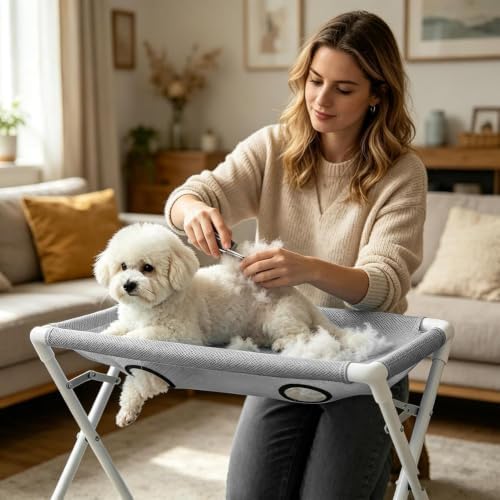 Dog Grooming Hammock,Dog Bathing Station,Pet Grooming Hammock,Restraint Puppy Grooming Table Metal Structure with and Strap,Suitable for Pet Washing Maintenance Travel Grooming (Khaki)
