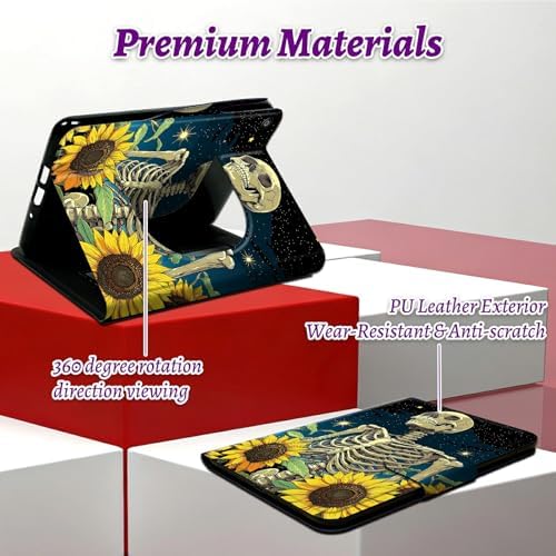 Rotating Handle Case for Samsung Galaxy Tab A11 2026/A9 2024 8.7 Inch, 360 Degree Swivel Kickstand with Magnetic Closure Leather Protective Cover for Women Men, Dark Skull Sunflower