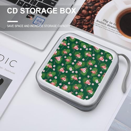 Portable DVD CD Organizer Wallet Flroal Palm Leaf Flamingo Green, 40-Capacity Hard Case with Strap, Protective Storage Binder for Car Home