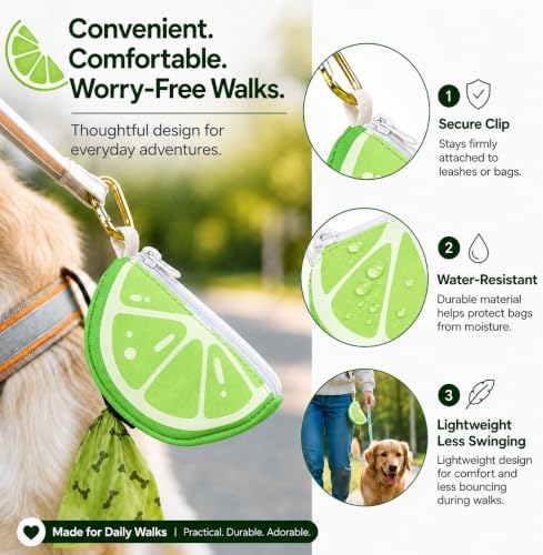 Dog Poop Bag Holder for Leash Lime Shape Pet Outdoor Accessory | Thin Lightweight Dog Waste Bag Carrier with Storage Pouch, Leash Attachment for Walking, Travel, Beach