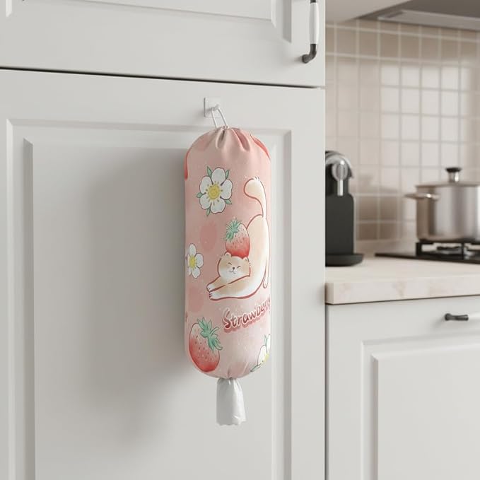 Plastic Bag Holder, Wall Mount Plastic Bag Organizer Dispenser Reusable Grocery Bag Organizer for Home Kitchen(Strawberry)