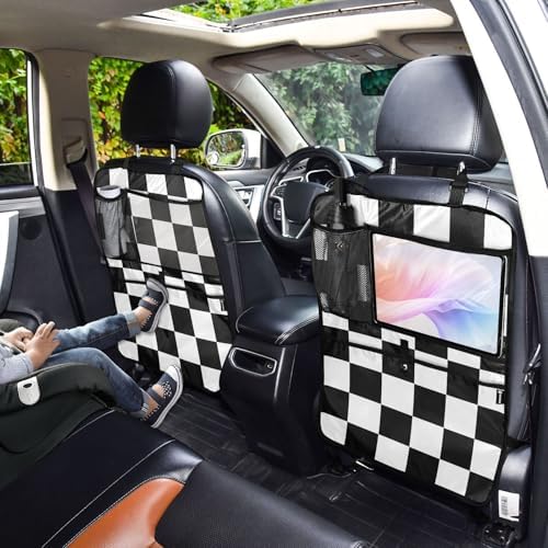 2 Pack Back Seat Car Organizer with Storage Pockets Kick Mats Back Seat Protector Hanging Car Organizer Automotive Seat Back Cover Organizers Checkered Black and White