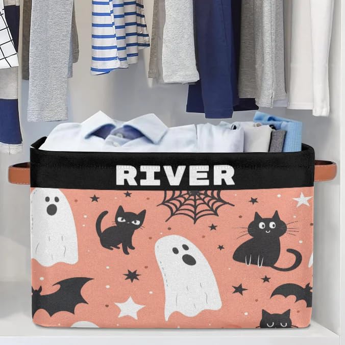 Personalized Dino Storage Basket with Name, Rectangle Toys Storage Bin with Handles for Baby Girls, Collapsible Basket for Clothes, Books, Halloween Spider Wed Ghost Cat Bat