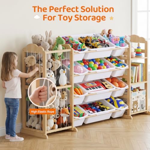LAMU 3-in-1 Toy Organizer with Bookshelf, Stuffed Animal Storage with 12 Bins and 3 Shelves, Wooden Book Shelf for Playroom Kids Room Nursery Bedroom Living Room Decor, White