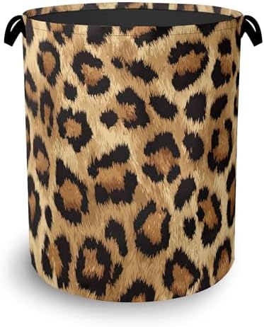 Brown Leopard Laundry Basket,Foldable with Handles Tote Bag Oxford Cloth for Bathroom Bedroom Dirty Clothes Storage Bucket 16" x 20.8"