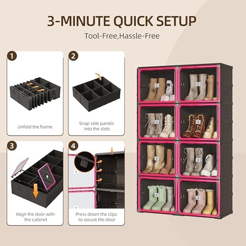 Shoe Rack Organizer, Shoe Storage Cabinet, Black 4-Tier 16-Pair | Foldable Shoe Rack for Closet with Transparent Magnetic Doors, Tool-Free Setup, Free Standing Boot Cabinet Box