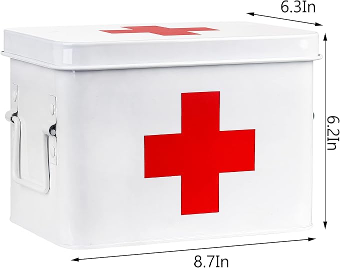 WUWEOT Metal First aid Box, Divided Medicine Tin First Aid Kit, Vintage Antique Empty Boxes with Lid and Removable Tray for Home Family Emergency Tool