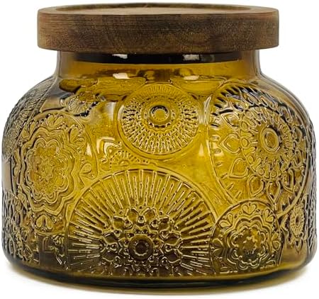 Decorative Amber Embossed Glass Jar with Airtight Wooden Lid, 25.4 fl. oz | Wide mouth vintage storage canister, kitchen pantry bathroom organization, coffee sugar tea cookie candy candle vase gift