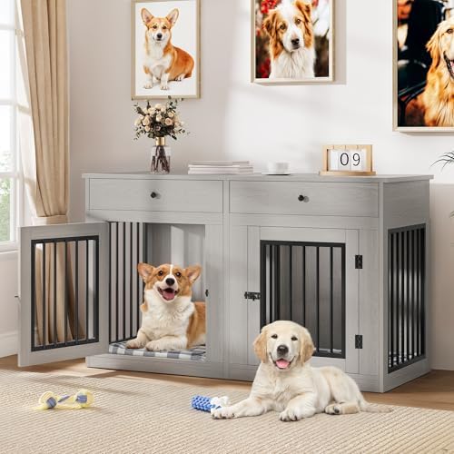 DWVO 60" Double Dog Crate Furniture for 2 Dogs with Storage Drawers