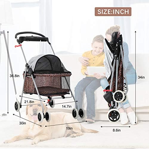 Meet Perfect Pet Stroller for Small/Medium Dogs & Cats, Leopard, Foldable | Waterproof fabric helps protect pets during outdoor travel; Mesh panels provide ventilation and visibility.