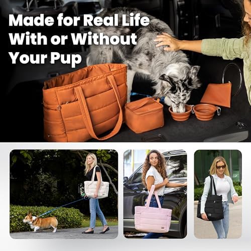 Rubyloo Dog Mom Essentials Bundle - Puffer Tote with Storage Containers (Black) and 32 oz Water Bottle with Detachable Bowl (Rescued is My Favorite Breed) - Travel Bag and Hydration Set