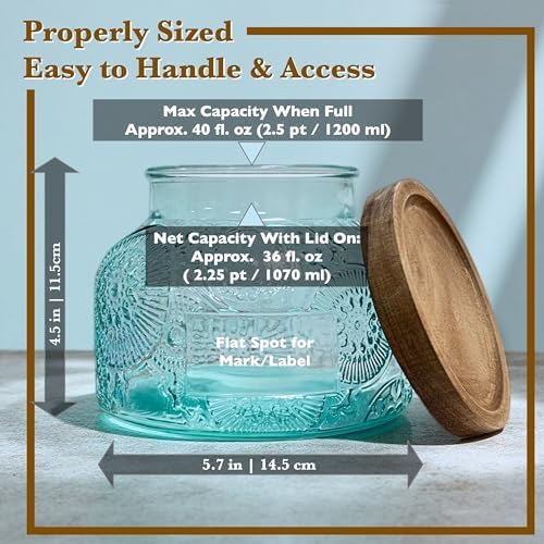 Decorative Blue Embossed Glass Jar with Airtight Wooden Lid, 40 fl. oz | Wide mouth vintage storage canister, kitchen pantry bathroom organization, coffee sugar tea cookie candy candle vase gift