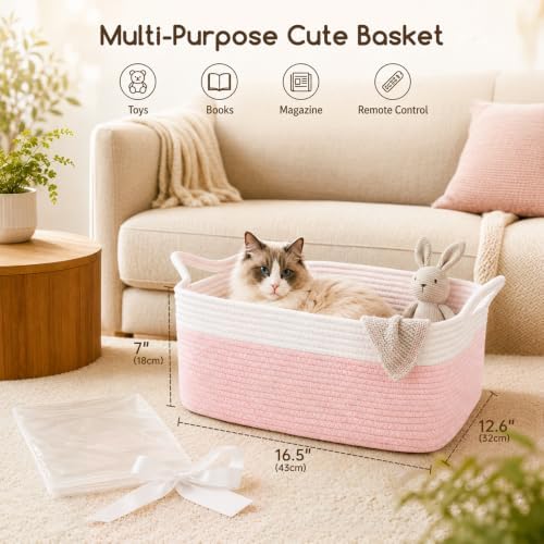 OIASKET Large Empty Cotton Rope Gift Basket with Handles, 16.5"x12.6"x7" Decorative Woven Storage Basket with Gift Bag and Ribbon Set for Baby Shower, Toy Organizer for Kids, Dogs & Cats - Pink&White