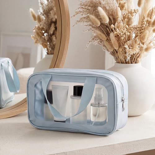 Abbylike 12 Pcs Clear Toiletry Bags with Handle for Women and Men, Matte Translucent Waterproof Cosmetic Bags with Zipper for Travel Toiletries Wash Shower Accessories Bachelorette Bridal Party(Blue)