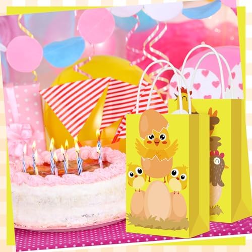Trnayi 16 Pcs Gold Glitter Chicken Party Favor Bags Kraft Farm Animal Themed Goodie Bags with Handles Double-sided Printing Treat Bag for Birthday Easter Farm Animal Party Decorations