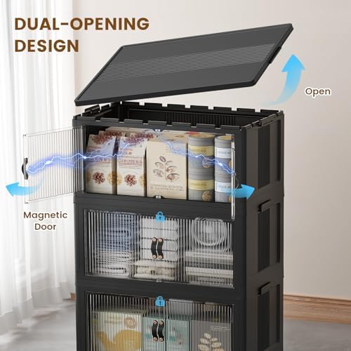 SAILUN 260Qt Stackable Storage Bins,Storage Cabinet with a Lid,4 Pack Black