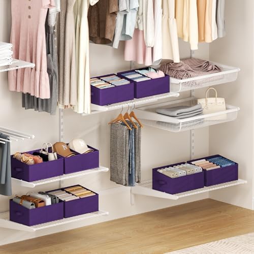DIMJ Large Closet Shelf Organizer Bins 8 Packs with Handles and Divider, Fabric Trapezoid Storage Baskets, Foldable Clothes Containers Box for Shelf, Towel, Book, Toy, Purse, Hats, Purple