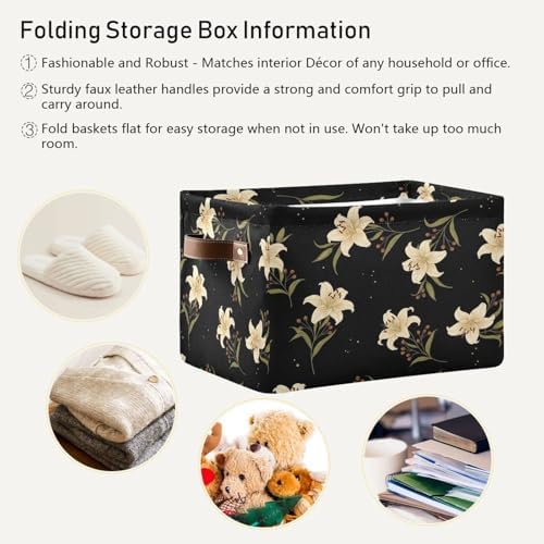 Kigai Lily Flower Storage Basket with Handles Waterproof Collapsible Storage Bin Canvas Fabric Basket Decorative Box Closet Organizer for Nursery Bedroom Office