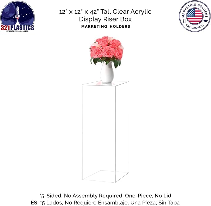 Marketing Holders Acrylic Display Riser Box Hollow No Lid Clear Podium Display Box 12 x 12 x 42 No Lid Art Sculpture 5 Sided One Piece Pedestal Pillar Post Stand Expo Event Wedding Reception