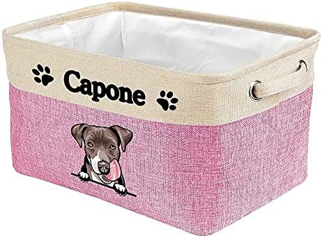 Custom Fabric Dog Toy Storage Basket with Cute Dog Pit Bull Collapsible Sturdy Fabric Pet Toys Storage Bin Cube with Handles for Organizing, Pink and White