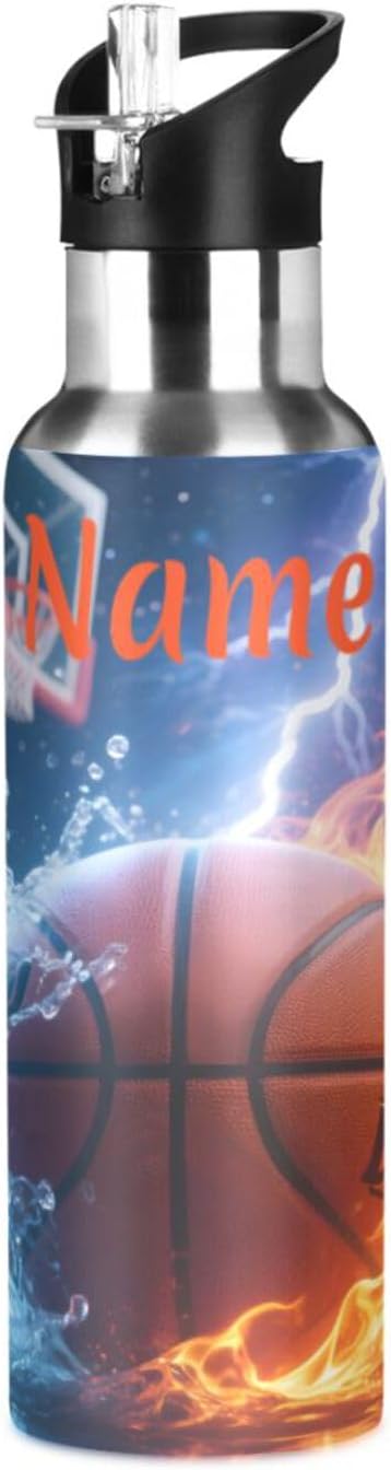 Custom Name Basketball Fire Lightning Water Bottle with Straw Lid Kids Insulated Stainless Steel Water Flask Sports, 20 Oz Hot Cold