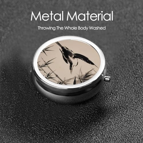 Fish Bird Leaves Painting Printed Pill Organizer,Round Travel Pill Organizer Mini Medicine Pill Box for Purse Iron Plating