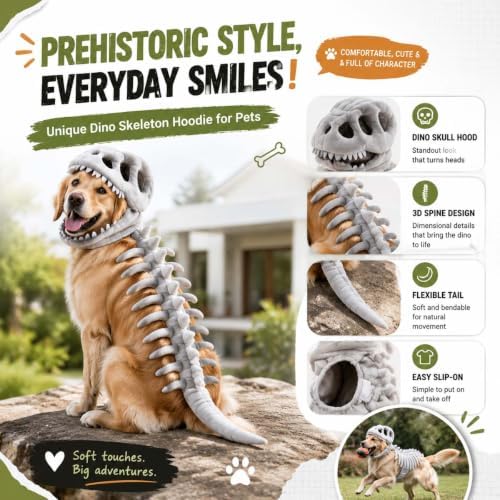 Pet Dinosaur Costume, 31.4inch Halloween 3D Skeleton Design Costume for Medium to Large Dogs, Realistic Dino Outfit for Pet Cosplay Party Family, Round and Chubby Body,Adorably Silly Purple