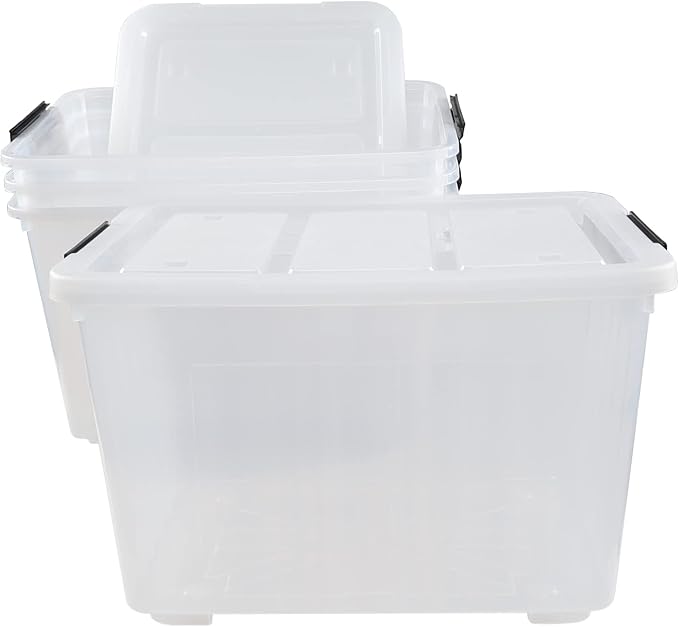 70 Qt Stackable Plastic Storage Bins with Lids, 4 Pack | Clear Heavy-Duty Tote Containers, Wheels, Nesting and Stackable Design, Closet, Garage, Pantry Storage