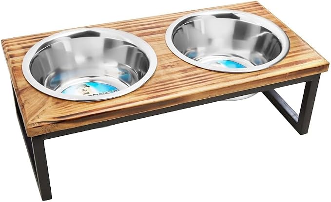 Indipets Elevated Dog/Cat Feeder with Bowls // Solid Wood Stand with Two Removable Stainless Steel Bowls // for Cats and Small, Medium, Large Size Dogs (Small)