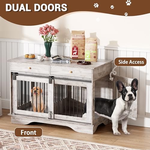 Litake 47in Large Wooden Dog Crate Furniture End Table for 2 Dogs | Indoor Dog Kennel with Removable Divider,, 2 Storage Drawers, Rustic Dog Cage for Living Room,Bedroom