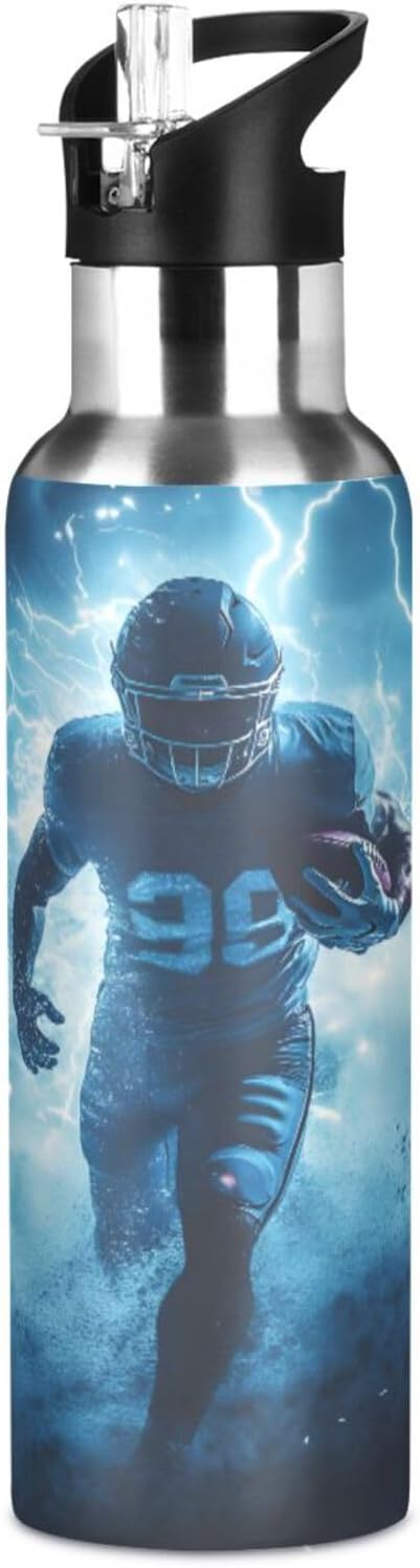 American Football Player Lightning Water Bottle with Straw Lid Kids Insulated Stainless Steel Water Flask Sports, 20 Oz Hot Cold