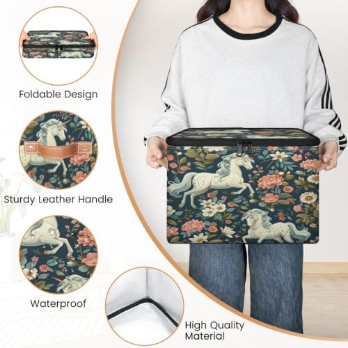 Floral Horse Storage Box with Zipper Lid | Collapsible, Fabric, Storage Bin, Handle, Large, Closet Organizer, Containers, Bedroom, Home, Horse