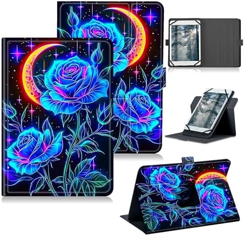 Universal Tablet Case for T-Mobile Revvl Tab 2 10.1" 2025/Revvl Tab 5G 10.36" 2023, 360 Degree Rotating Kickstand Protective Stand PU Leather Shell Cover for 9"-10.5", Blue Rose Moon
