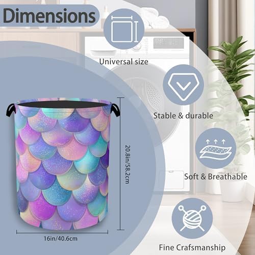 Glitter Fish Scales Laundry Hamper,Mermaids Dirty Clothes Laundry Basket with Handles Waterproof Oxford Cloth Storage Basket for College Dorms Bathroom Bedroom 16" x 20.8"