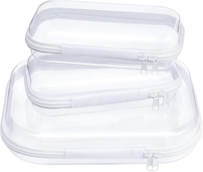 SAYEEC 3 Pack Clear Hard Shell Zipper Case Clear Pencil Case Travel Makeup Bag Rigid Toiletry Bag Organizer Portable Cosmetic Bags Plastic Zipper Pouches for Office Tech Art Supplies Storage (M, 2S)